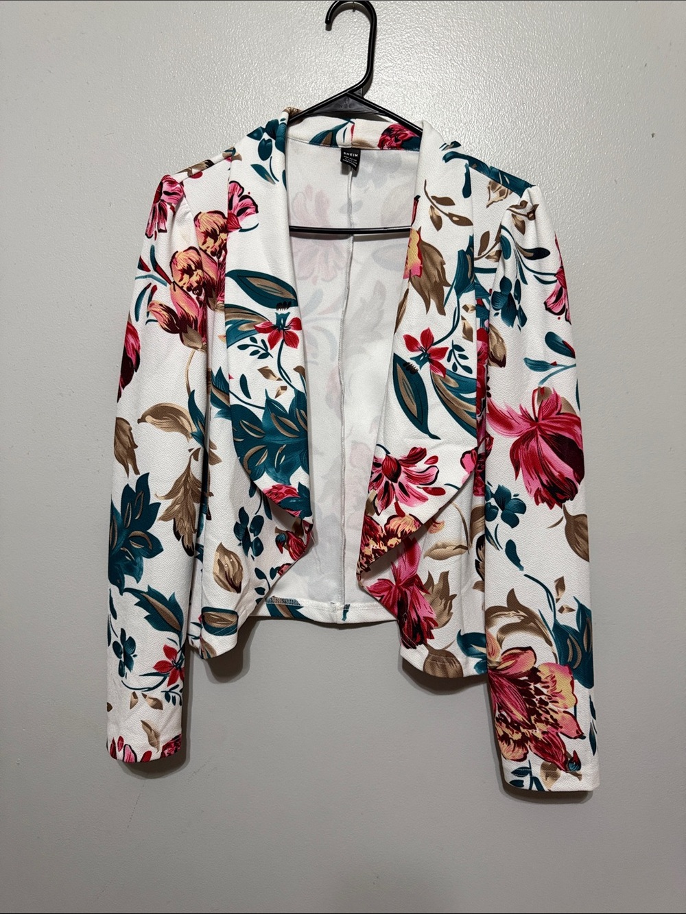 SHEIN White Floral Cropped Blazer with Pink & Teal Accents